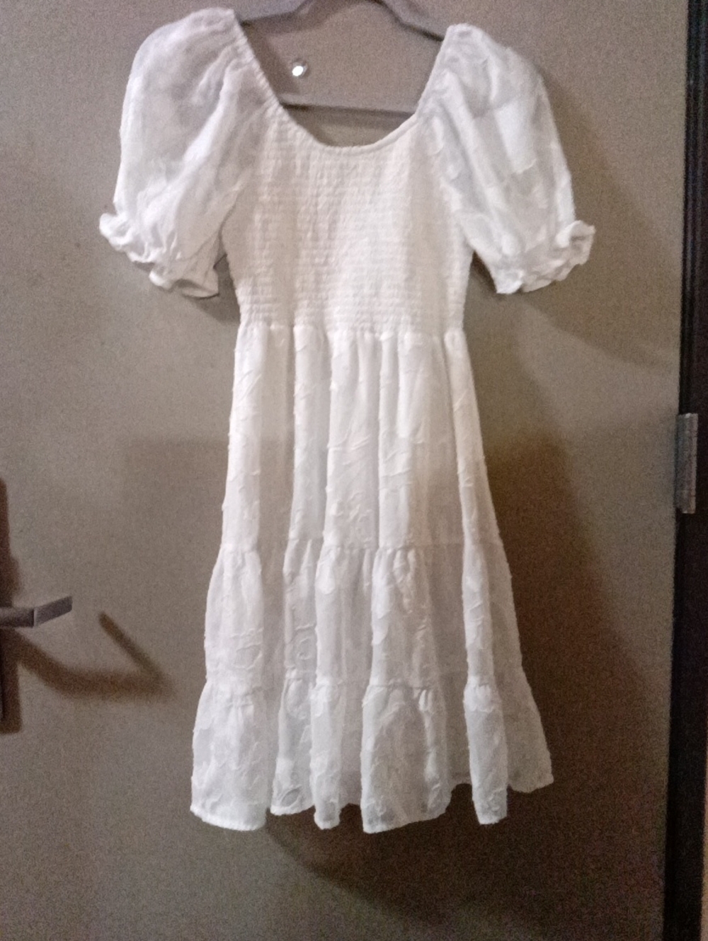 White Puff-Sleeve Smocked Bodice Kids Dress